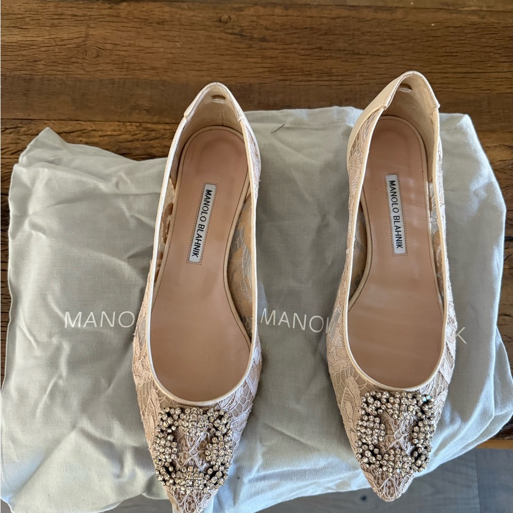 Manolo Blahnik Lace Hangisi Flats in Nude - Picture 3 of 9